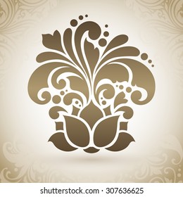 Abstract ornate lotus flower logo emblem icon symbol. Decorative yoga design element. Illustration for banner, poster, business sign, identity, branding. Decorative icon on pattern background.