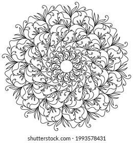 Abstract ornate mandala with curls and doodle flowers, meditative coloring page and tangled patterns vector illustration