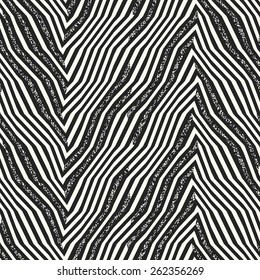 Abstract ornate noisy detailed zigzag striped elements seamless pattern. Vector.