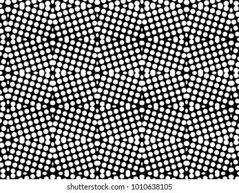 Abstract ornate psychedelic kaleidoscopic seamless pattern. Black and white dotted texture. Vector.