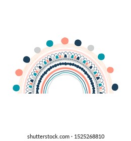 Abstract ornate rainbow illustration. Color bow decorative doodle isolated on white. Childish drawing for gender-neutral nursery design.