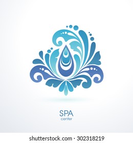 Abstract ornate splash spa background Decorative water drop symbol icon design element logo yoga class, relax spa center Illustration for banner, poster, business sign, identity, branding