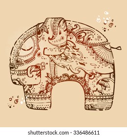 Abstract ornated indian elephant. Retro and ethnic style vector illustration.
