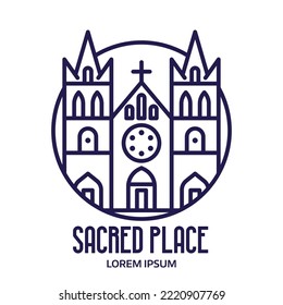 Abstract orthodox church circle icon. Sacred place logo template with christian parish church or cathedral in line art.