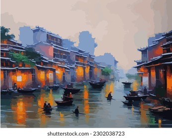 Abstract outdoor cityscape background, beautiful landscape colorful painting in watercolor style, vector EPS 10 illustration