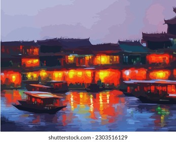 Abstract outdoor cityscape background, beautiful landscape colorful painting in watercolor style, vector EPS 10 illustration