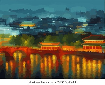 Abstract outdoor cityscape background, beautiful landscape colorful painting in watercolor style, vector EPS 10 illustration 
