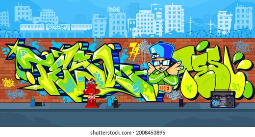 Abstract Outdoor  Colorful Urban Streetart Graffiti Wall With Drawings Against The Background Of The Cityscape Vector Illustration