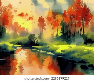 Abstract outdoor natural background, beautiful landscape colorful painting in watercolor style, vector EPS 10 illustration 