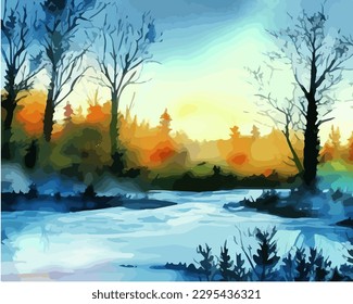 Abstract outdoor natural background, beautiful landscape colorful painting in watercolor style, vector EPS 10 illustration 