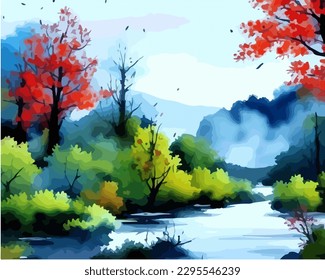 Abstract outdoor natural background, beautiful landscape colorful painting in watercolor style, vector EPS 10 illustration 