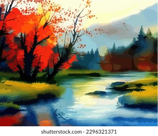 Abstract outdoor natural background, beautiful landscape colorful painting in watercolor style, vector EPS 10 illustration 