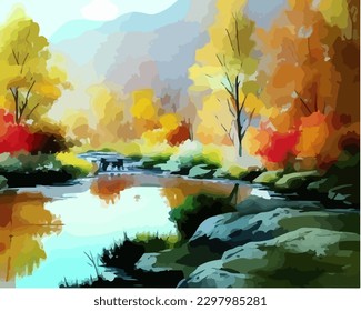 Abstract outdoor natural background, beautiful landscape colorful painting in watercolor style, vector EPS 10 illustration 