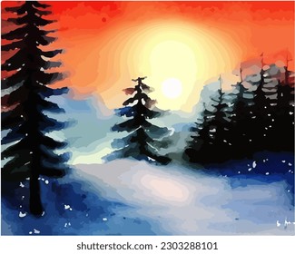 Abstract outdoor natural background, beautiful winter landscape colorful painting in watercolor style, vector EPS 10 illustration 