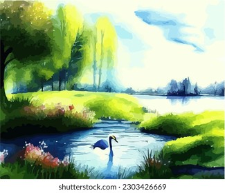 Abstract outdoor natural background, beautiful spring landscape colorful painting in watercolor style, vector EPS 10 illustration 