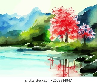 Abstract outdoor natural background, beautiful landscape colorful painting in watercolor style, vector EPS 10 illustration 