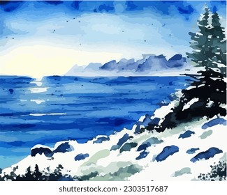 Abstract outdoor natural background, beautiful winter landscape colorful painting in watercolor style, vector EPS 10 illustration 