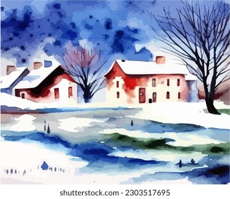 Abstract outdoor natural background, beautiful winter landscape colorful painting in watercolor style, vector EPS 10 illustration 