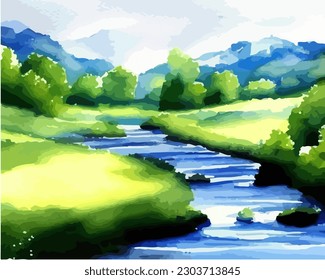 Abstract outdoor natural background, beautiful spring landscape colorful painting in watercolor style, vector EPS 10 illustration