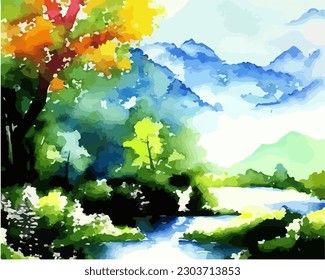 Abstract outdoor natural background, beautiful spring landscape colorful painting in watercolor style, vector EPS 10 illustration