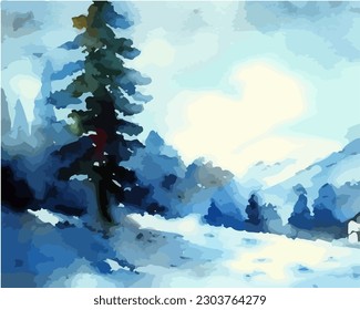 Abstract outdoor natural background, beautiful winter landscape colorful painting in watercolor style, vector EPS 10 illustration 