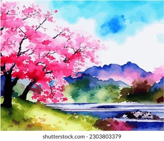 Abstract outdoor natural background, beautiful spring landscape colorful painting in watercolor style, vector EPS 10 illustration 