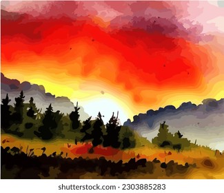 Abstract outdoor natural background, beautiful autumn landscape colorful painting in watercolor style, vector EPS 10 illustration 
