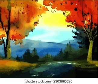 Abstract outdoor natural background, beautiful autumn landscape colorful painting in watercolor style, vector EPS 10 illustration 
