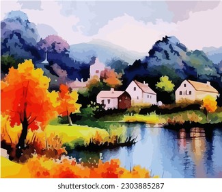 Abstract outdoor natural background, beautiful autumn landscape colorful painting in watercolor style, vector EPS 10 illustration 