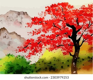 Abstract outdoor natural background, beautiful autumn landscape colorful painting in watercolor style, vector EPS 10 illustration