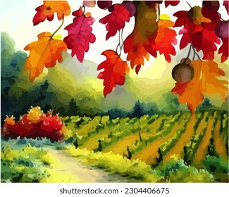 Abstract outdoor natural background, beautiful autumn landscape colorful painting in watercolor style, vector EPS 10 illustration