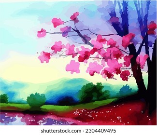 Abstract outdoor natural background, beautiful spring landscape colorful painting in watercolor style, vector EPS 10 illustration