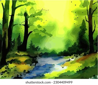 Abstrakter Natur-Hintergrund im Freien, schöne Frühlingslandschaft, bunte Malerei im Aquarell-Stil, Vektorgrafik EPS10