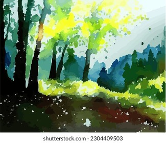 Abstract outdoor natural background, beautiful spring landscape colorful painting in watercolor style, vector EPS 10 illustration