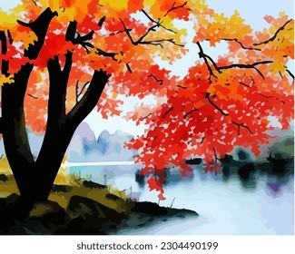 Abstract outdoor natural background, beautiful autumn landscape colorful painting in watercolor style, vector EPS 10 illustration 