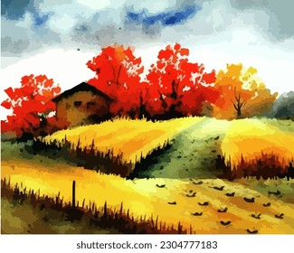 Abstract outdoor natural background, beautiful autumn landscape colorful painting in watercolor style, vector EPS 10 illustration