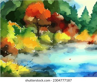 Abstract outdoor natural background, beautiful autumn landscape colorful painting in watercolor style, vector EPS 10 illustration