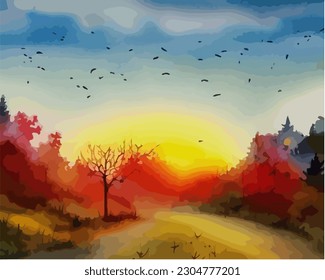 Abstract outdoor natural background, beautiful autumn landscape colorful painting in watercolor style, vector EPS 10 illustration