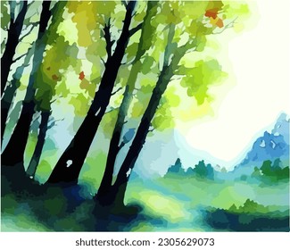 Abstract outdoor natural background, beautiful spring landscape colorful painting in watercolor style, vector EPS 10 illustration 