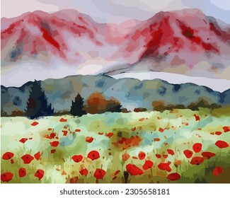 Abstract outdoor natural background, beautiful autumn landscape colorful painting in watercolor style, vector EPS 10 illustration 