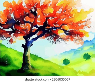 Abstract outdoor natural background, beautiful spring landscape colorful painting in watercolor style, vector EPS 10 illustration 