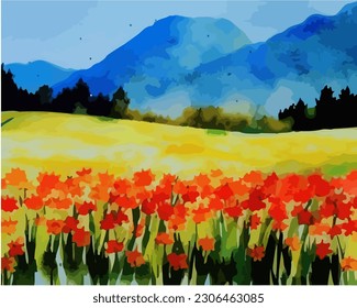 Abstract outdoor natural background, beautiful autumn landscape colorful painting in watercolor style, vector EPS 10 illustration 