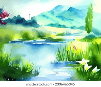 Abstract outdoor natural background, beautiful spring landscape colorful painting in watercolor style, vector EPS 10 illustration 