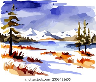 Abstract outdoor natural background, beautiful winter landscape colorful painting in watercolor style, vector EPS 10 illustration