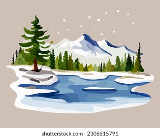 Abstract outdoor natural background, beautiful winter landscape colorful painting in watercolor style, vector EPS 10 illustration 