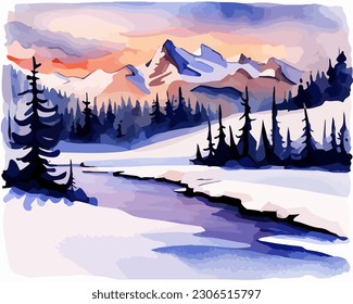 Abstract outdoor natural background, beautiful winter landscape colorful painting in watercolor style, vector EPS 10 illustration 