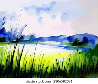 Abstract outdoor natural background, beautiful spring landscape colorful painting in watercolor style, vector EPS 10 illustration 