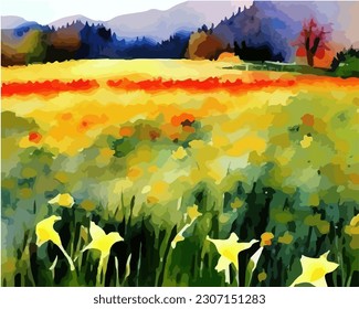 Abstract outdoor natural background, beautiful autumn landscape colorful painting in watercolor style, vector EPS 10 illustration 