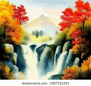 Abstract outdoor natural background, beautiful autumn landscape colorful painting in watercolor style, vector EPS 10 illustration 