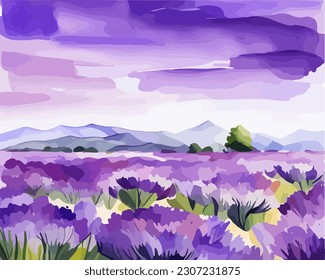 Abstract outdoor natural background, beautiful lavender landscape colorful painting in watercolor style, vector EPS 10 illustration